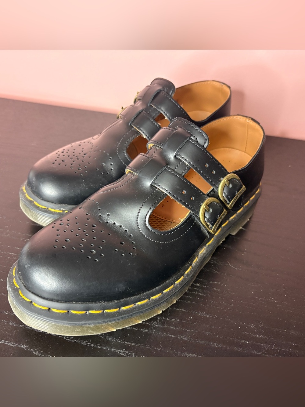 Doc Martens Black Leather Double Strap Mary Jane Shoes with Yellow Stitching